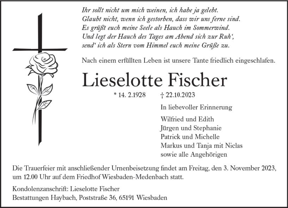  Traueranzeige für Lieselotte Fischer vom 28.10.2023 aus Wiesbadener Kurier