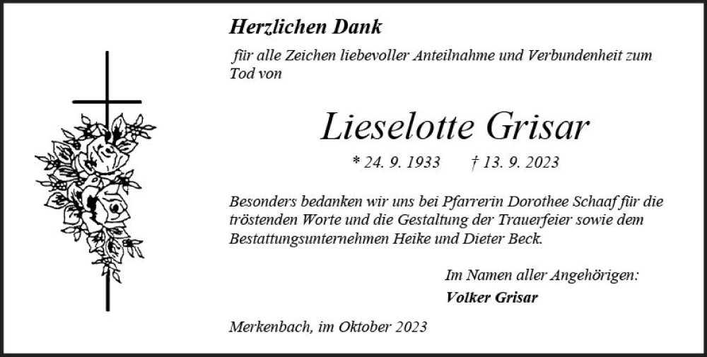  Traueranzeige für Lieselotte Grisar vom 07.10.2023 aus Dill Block