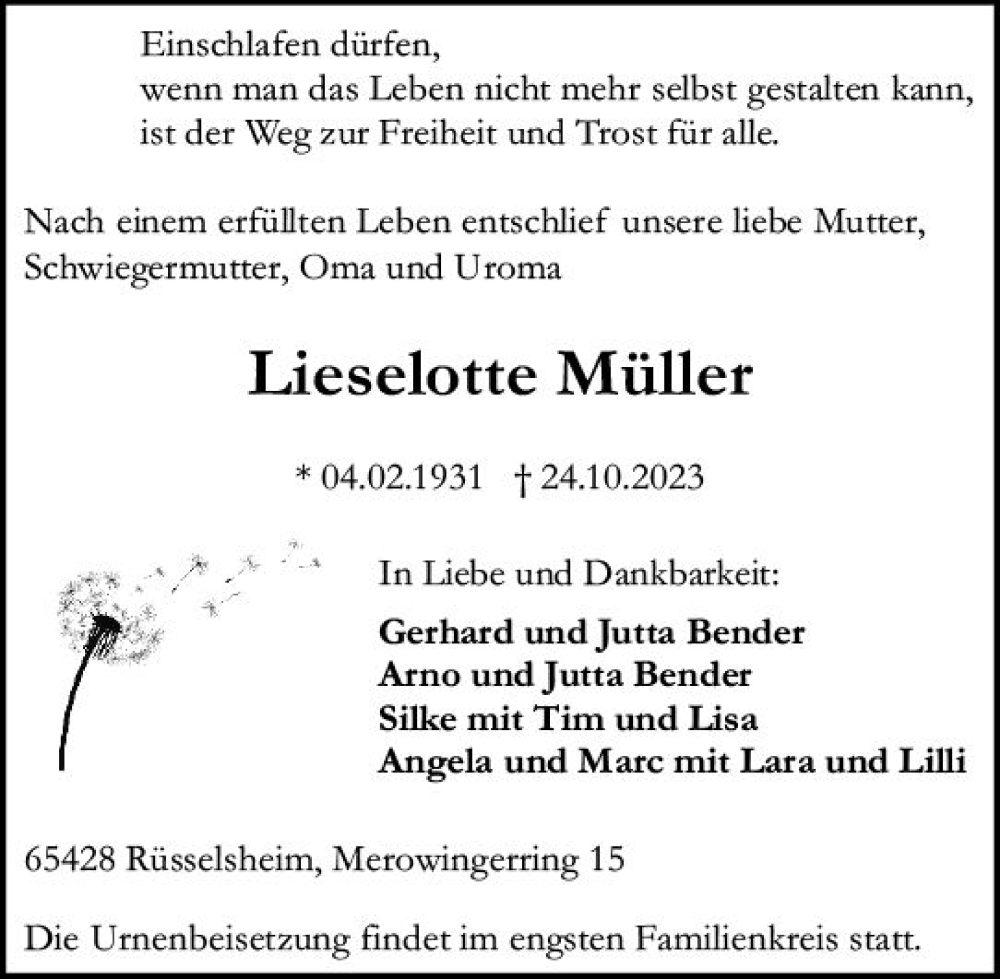  Traueranzeige für Lieselotte Müller vom 28.10.2023 aus Rüsselsheimer Echo