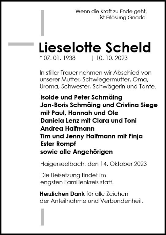 Traueranzeige von Lieselotte Scheld von Dill Block