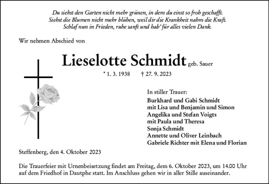 Traueranzeige von Lieselotte Schmidt von Hinterländer Anzeiger