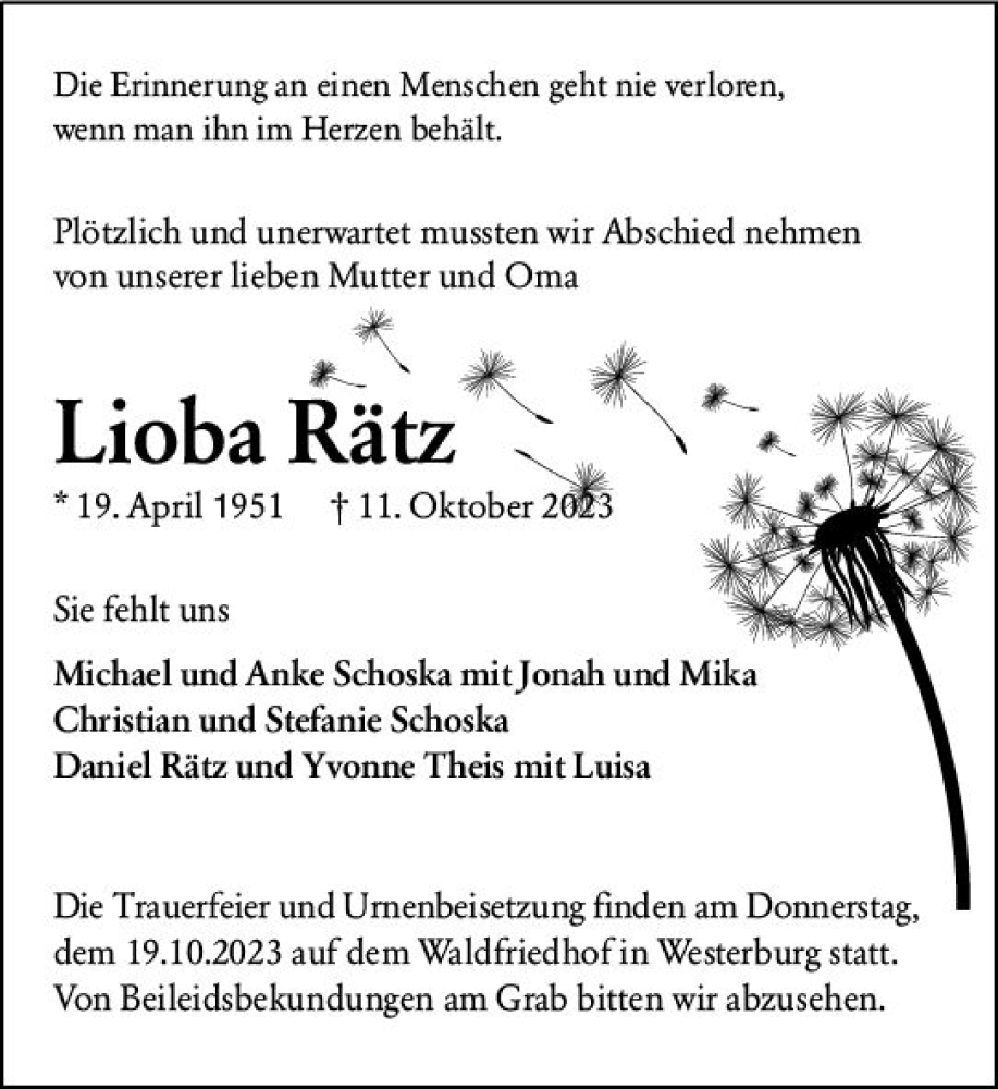  Traueranzeige für Lioba Rätz vom 14.10.2023 aus Nassauische Neue Presse
