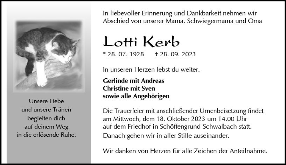  Traueranzeige für Lotti Kerb vom 14.10.2023 aus Wetzlarer Neue Zeitung