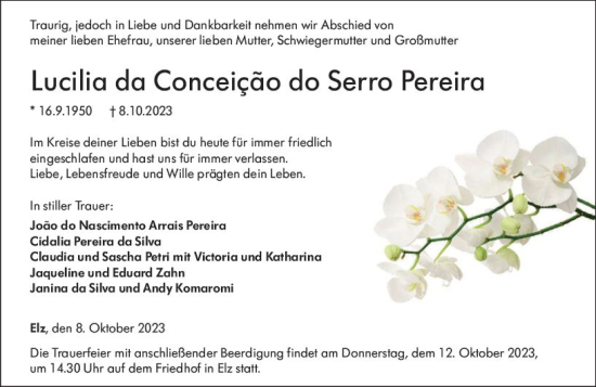 Traueranzeige von Lucilia da Conceicao do Serro Pereira von Nassauische Neue Presse