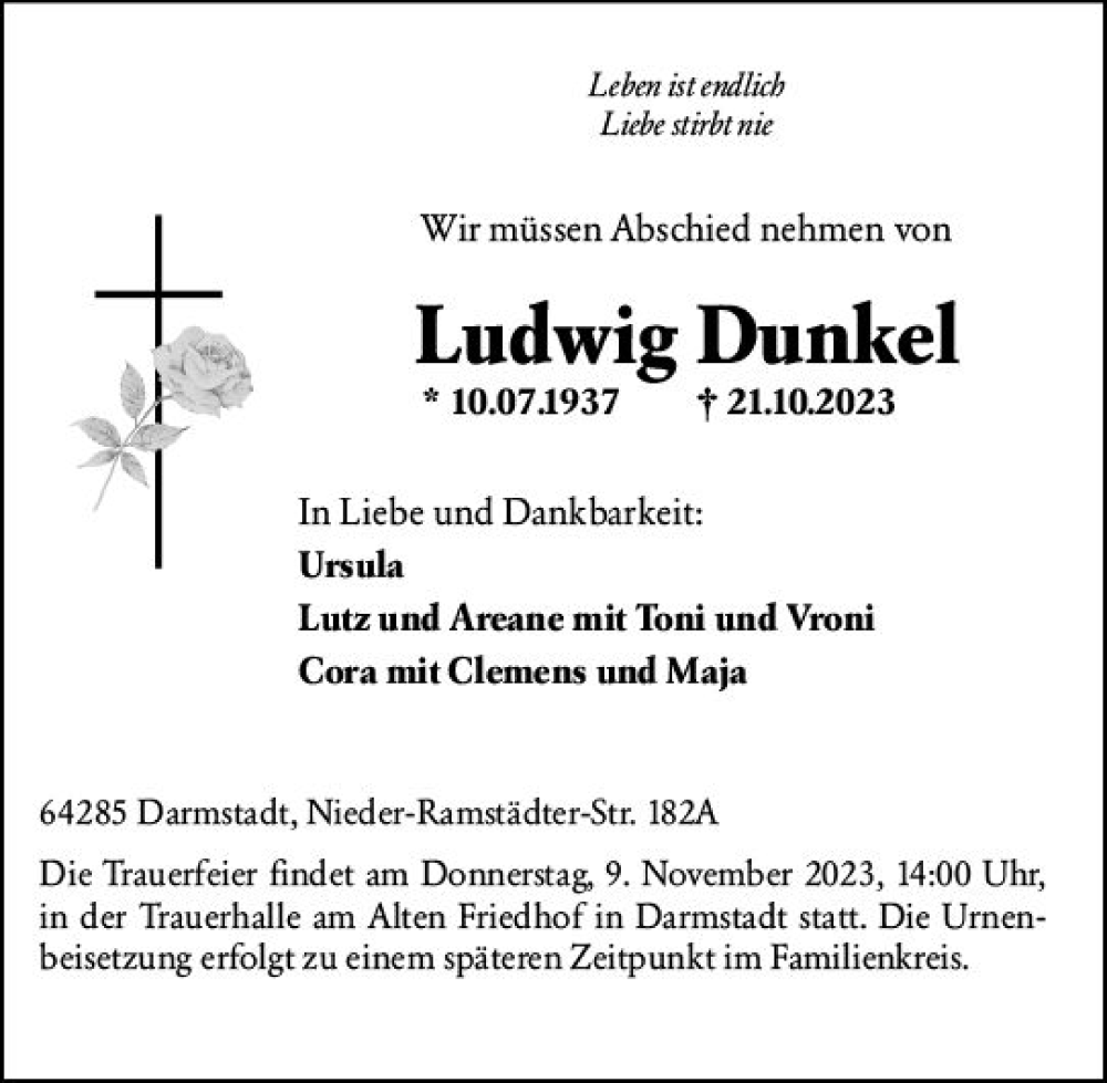  Traueranzeige für Ludwig Dunkel vom 28.10.2023 aus Darmstädter Echo