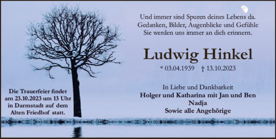 Traueranzeige von Ludwig Hinkel von Darmstädter Echo
