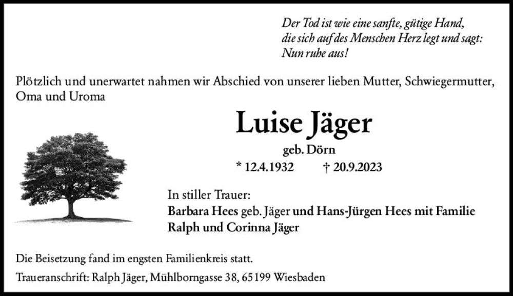  Traueranzeige für Luise Jäger vom 14.10.2023 aus Wiesbadener Kurier