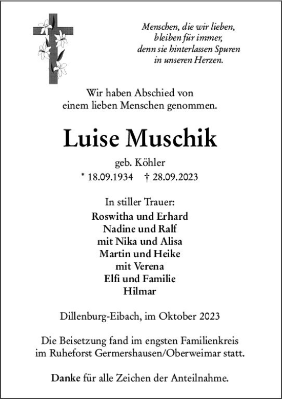 Traueranzeige von Luise Muschik von Dill Block