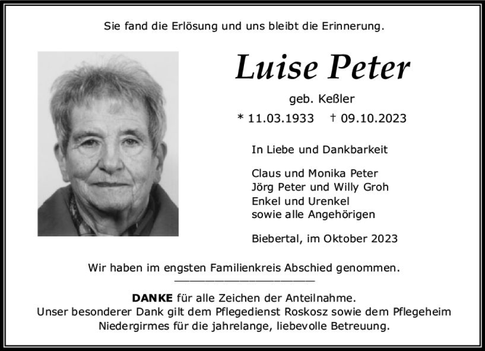  Traueranzeige für Luise Peter vom 21.10.2023 aus Wetzlarer Neue Zeitung