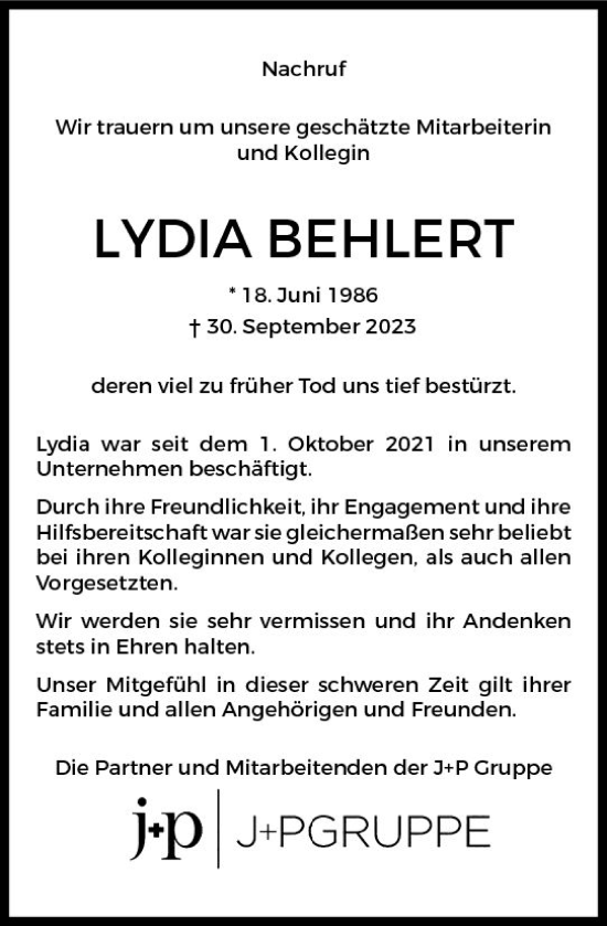 Traueranzeige von Lydia Behlert von Hinterländer Anzeiger