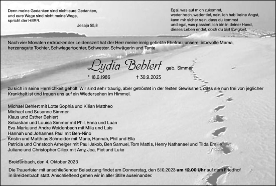 Traueranzeige von Lydia Behlert von Hinterländer Anzeiger