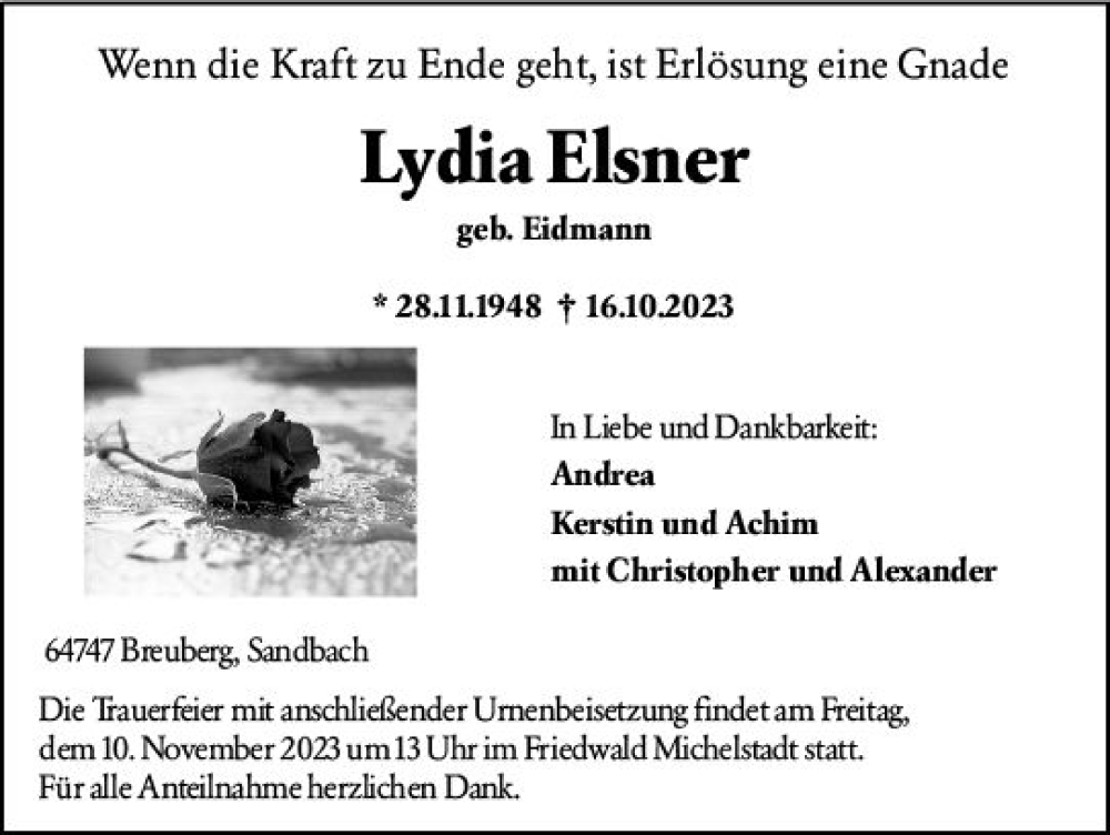  Traueranzeige für Lydia Elsner vom 28.10.2023 aus Odenwälder Echo