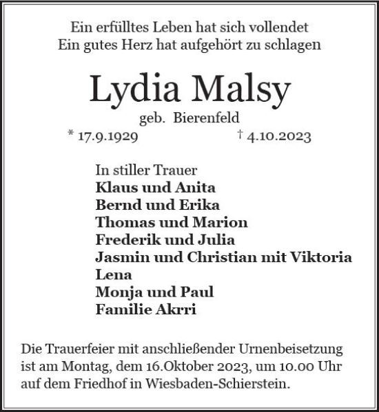 Traueranzeige von Lydia Malsy von Wiesbadener Kurier