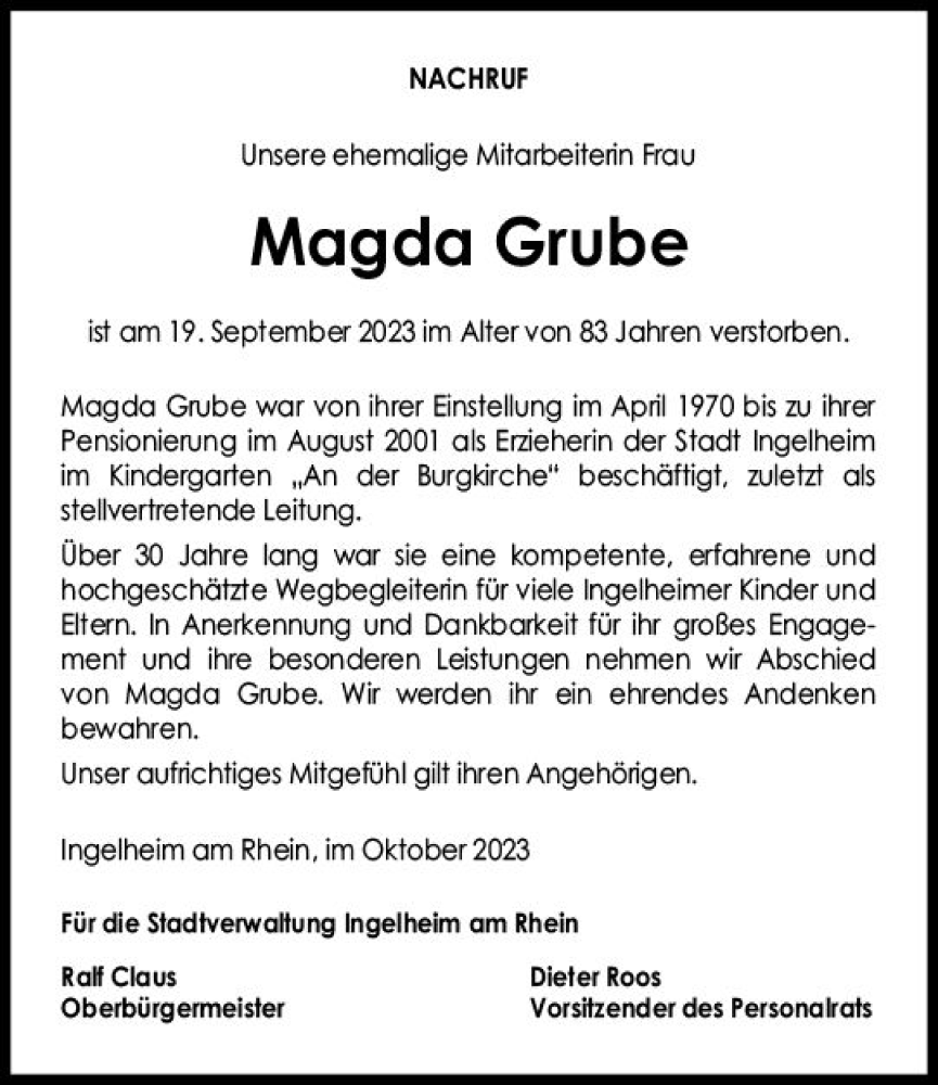  Traueranzeige für Magda Grube vom 06.10.2023 aus Allgemeine Zeitung Bingen/Ingelheim