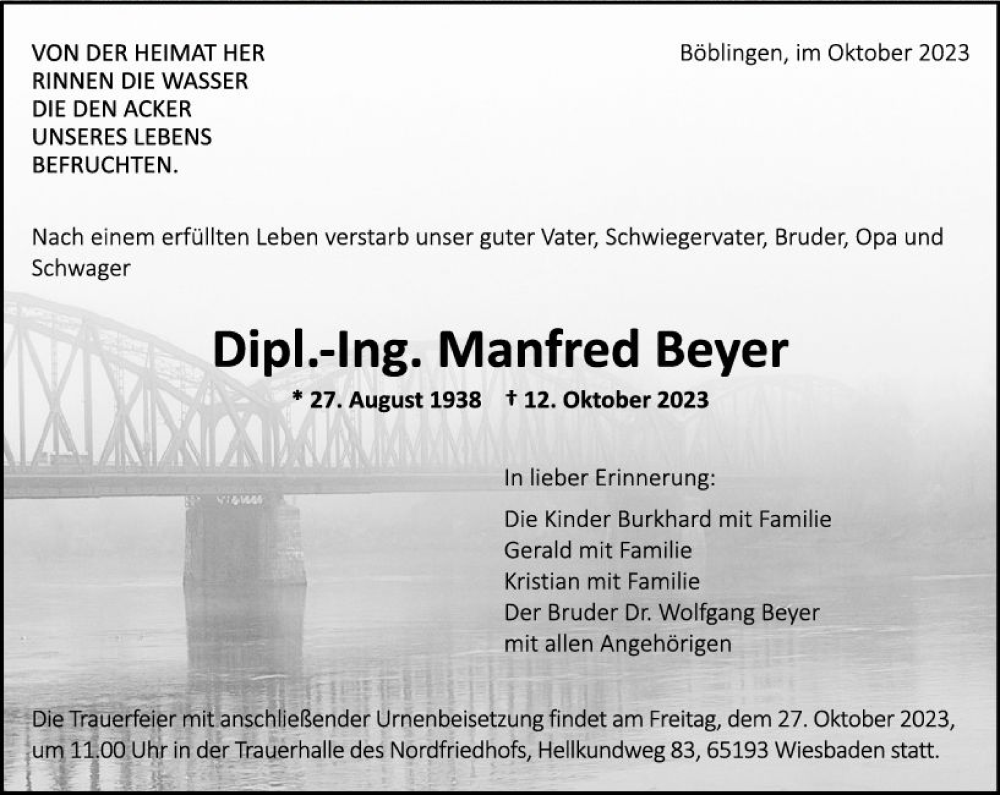  Traueranzeige für Manfred Beyer vom 25.10.2023 aus Wiesbadener Kurier