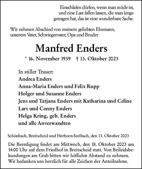 Traueranzeige von Manfred Enders von Dill Block