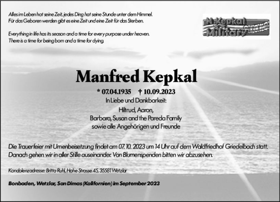 Traueranzeige von Manfred Kepkal von Wetzlarer Neue Zeitung
