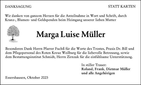 Traueranzeige von Marga Luise Müller von Weilburger Tageblatt