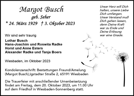 Traueranzeige von Margot Busch von Wiesbadener Kurier
