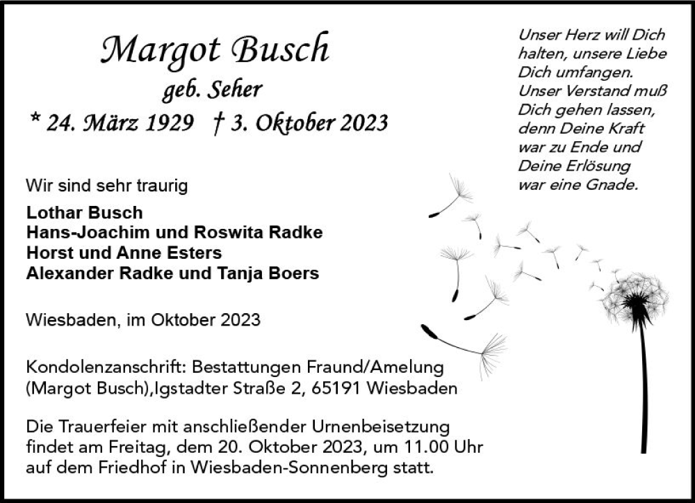  Traueranzeige für Margot Busch vom 14.10.2023 aus Wiesbadener Kurier