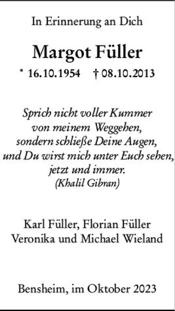  Traueranzeige für Margot Füller vom 07.10.2023 aus Bergsträßer Anzeiger