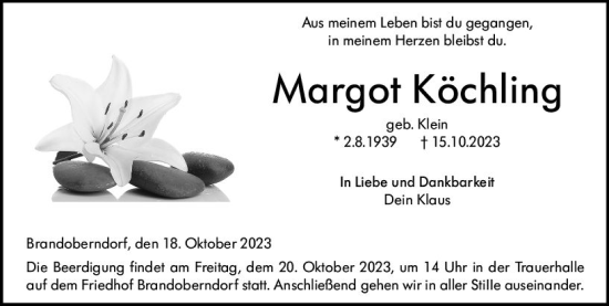 Traueranzeige von Margot Köchling von Wetzlarer Neue Zeitung