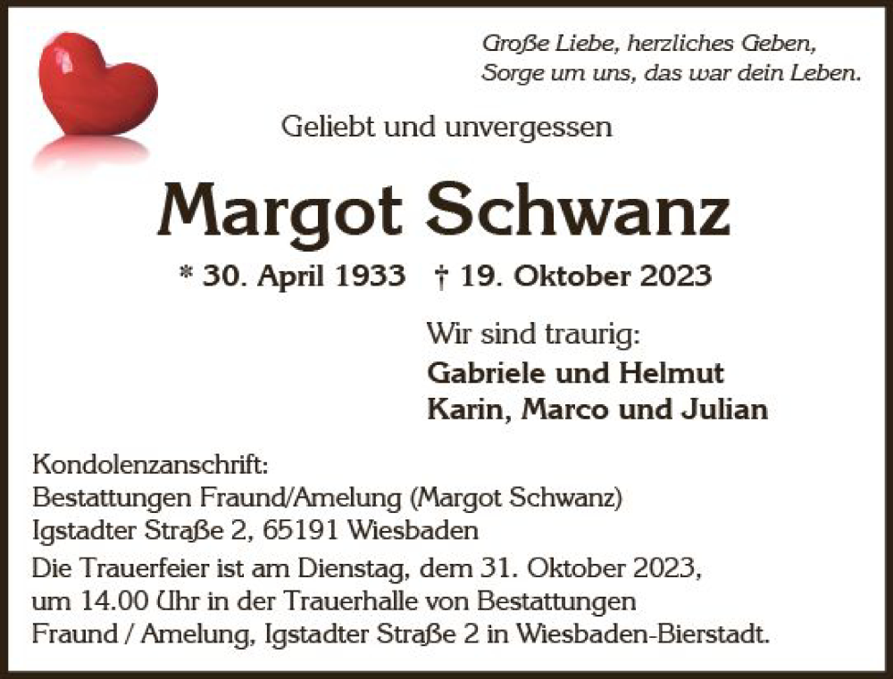  Traueranzeige für Margot Schwanz vom 28.10.2023 aus Wiesbadener Kurier