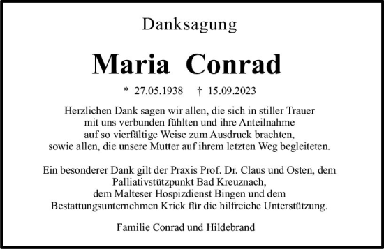 Traueranzeige von Maria Conrad von Allgemeine Zeitung Bingen/Ingelheim