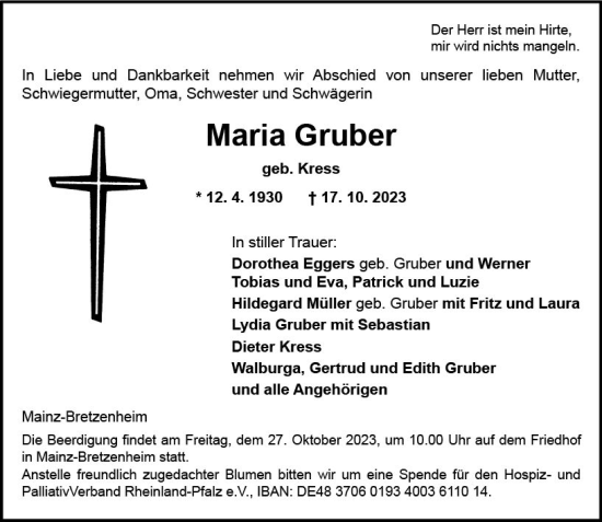 Traueranzeige von Maria Gruber von Allgemeine Zeitung Mainz