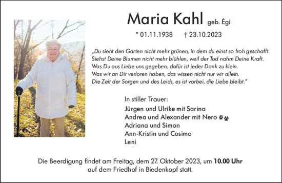 Traueranzeige von Maria Kahl von Hinterländer Anzeiger