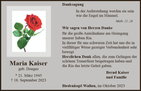 Traueranzeige von Maria Kaiser von Hinterländer Anzeiger