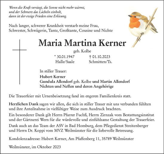 Traueranzeige von Maria  Kerner von Weilburger Tageblatt