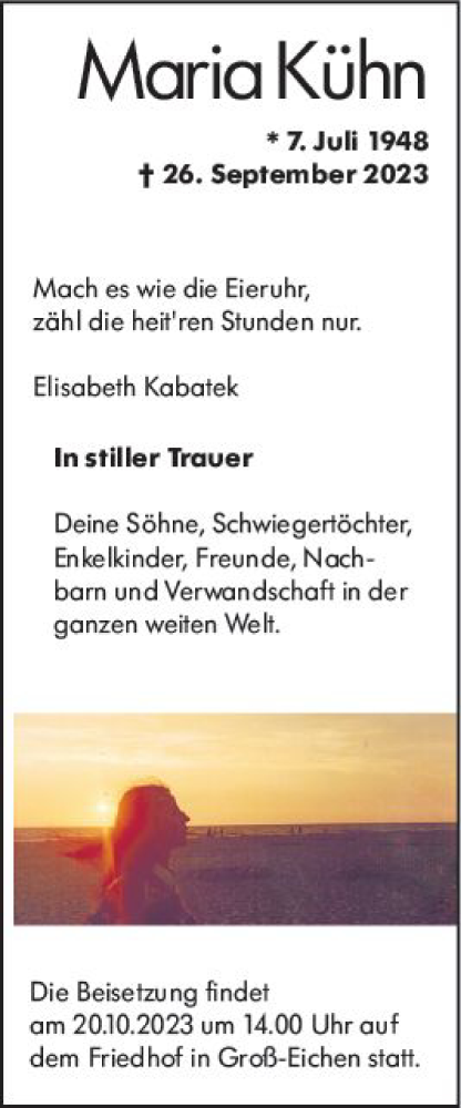Traueranzeige von Maria Kühn von VRM Trauer