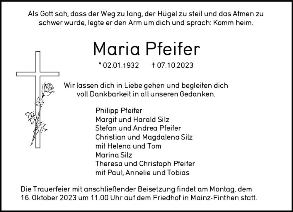  Traueranzeige für Maria Pfeifer vom 14.10.2023 aus Allgemeine Zeitung Mainz