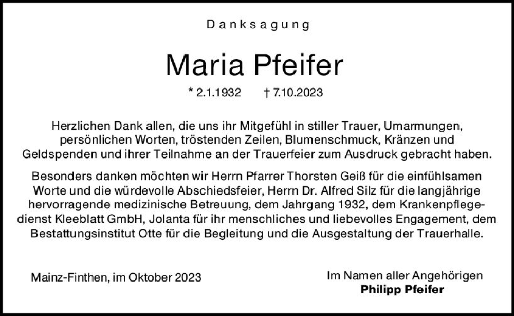  Traueranzeige für Maria Pfeifer vom 28.10.2023 aus Allgemeine Zeitung Mainz