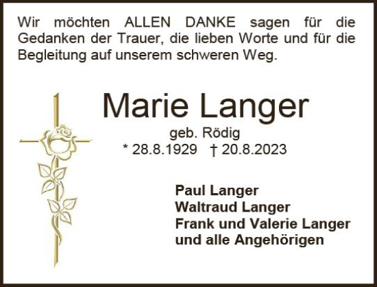 Traueranzeige von Marie Langer von Darmstädter Echo