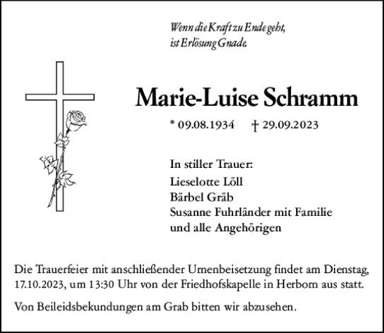Traueranzeige von Marie-Luise Schramm von Dill Block