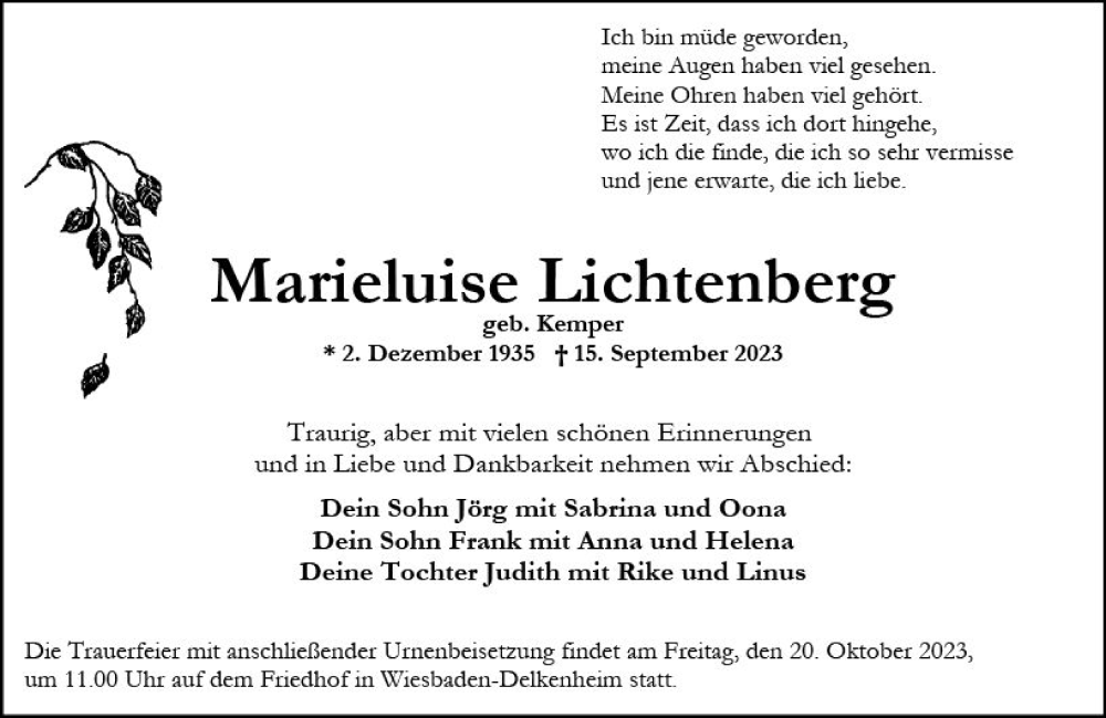  Traueranzeige für Marieluise Lichtenberg vom 07.10.2023 aus Wiesbadener Kurier