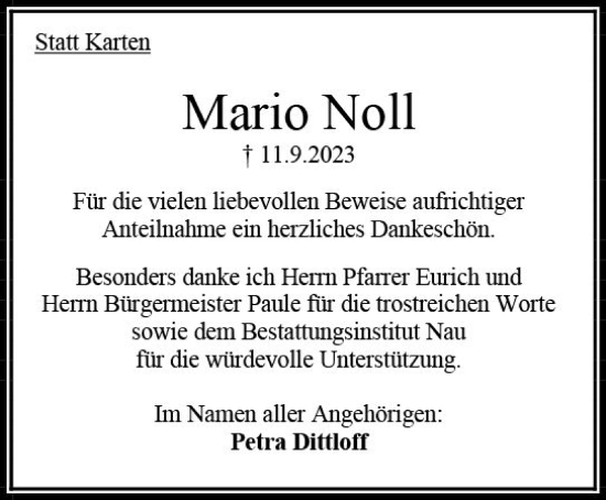 Traueranzeige von Mario Noll von Oberhessen Kurier