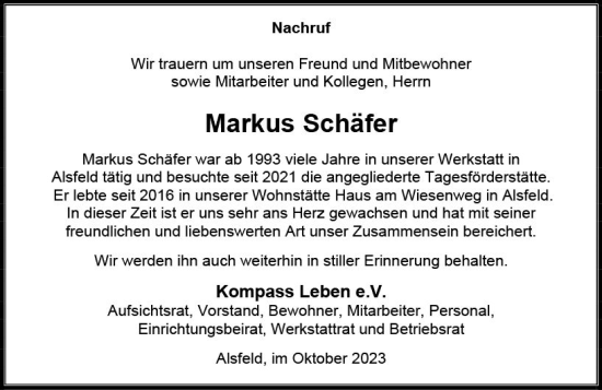 Traueranzeige von Markus Schäfer von VRM Trauer