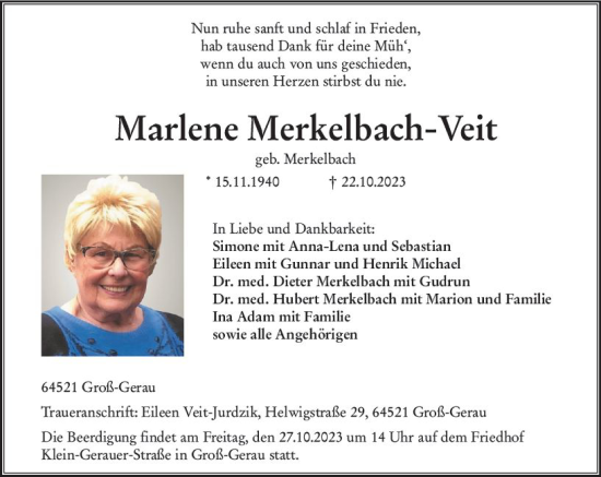 Traueranzeige von Marlene Merkelbach-Veit von Groß-Gerauer Echo