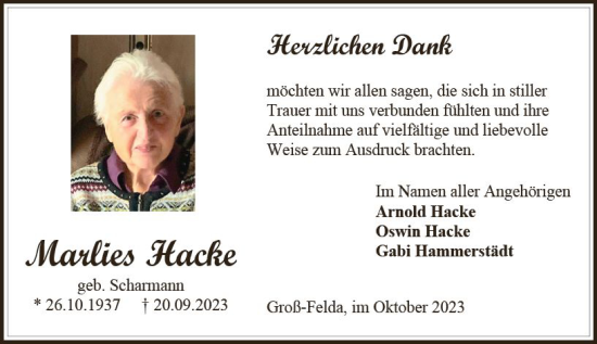 Traueranzeige von Marlies Hacke von Oberhessen Kurier