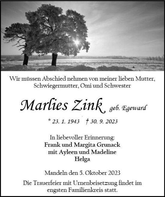 Traueranzeige von Marlies Zink von Dill Block