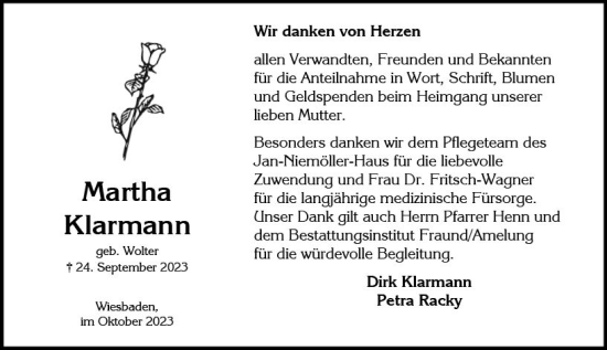 Traueranzeige von Martha Klarmann von Wiesbadener Kurier