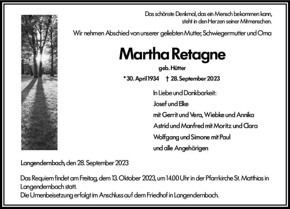  Traueranzeige für Martha Retagne vom 07.10.2023 aus Nassauische Neue Presse