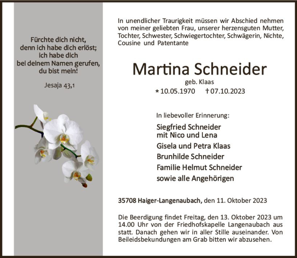  Traueranzeige für Martina Schneider vom 11.10.2023 aus Dill Block