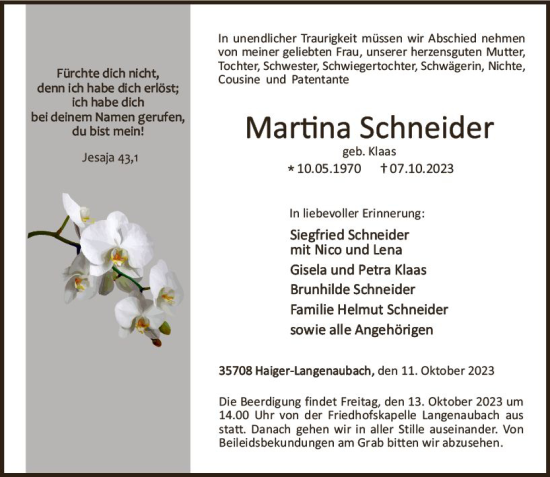 Traueranzeige von Martina Schneider von Dill Block