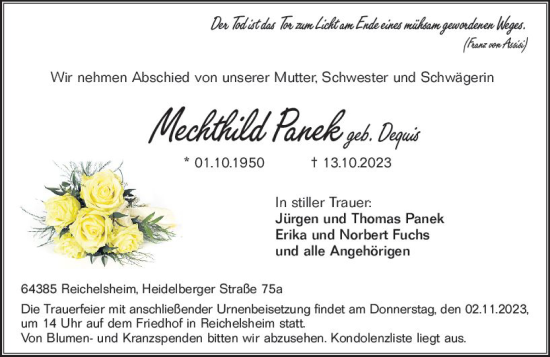 Traueranzeige von Mechthild Panek von Odenwälder Echo