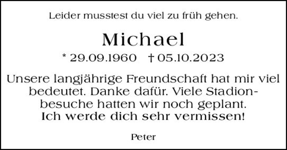  Traueranzeige für Michael  vom 20.10.2023 aus Weilburger Tageblatt