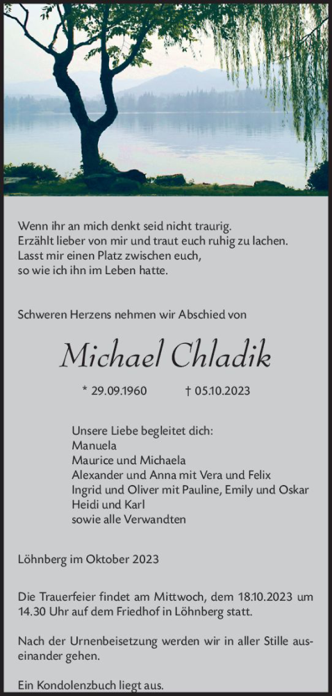 Traueranzeige von Michael Chladik von Weilburger Tageblatt